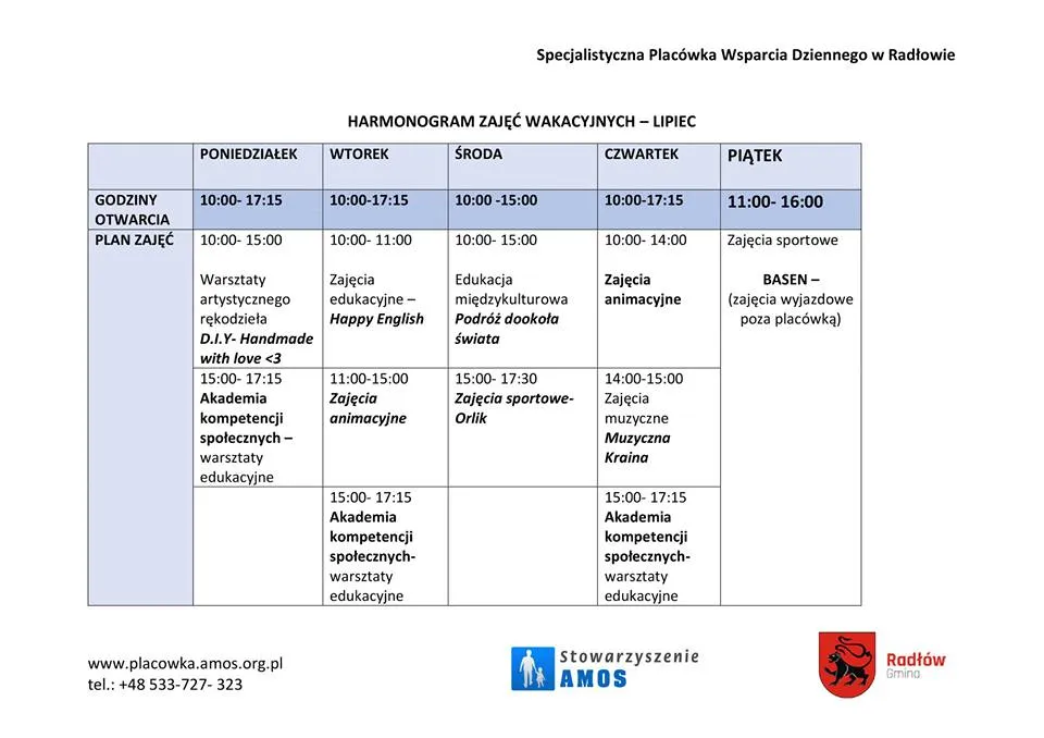 Zdjęcie harmonogramu zajęć wakacyjnych.