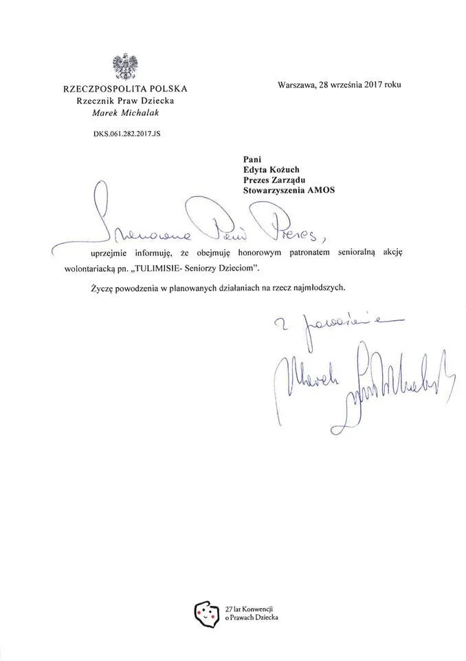 Zdjęcie dokumentu informującego o objęciu patronatem Rzecznika Praw Dziecka dla akcji Tulimisie.