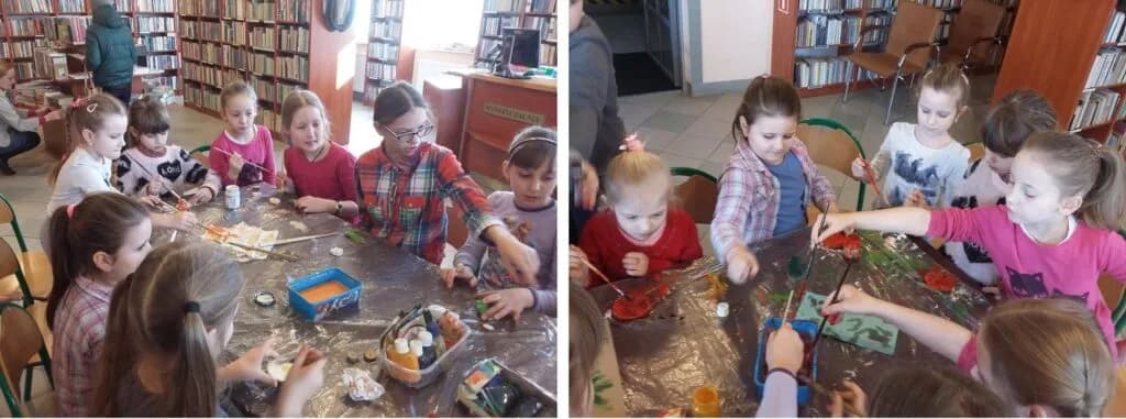 Są to dwa zdjęcia połączone w jedno, które przedstawiają dzieci podczas spotkania z artystą malarzem.