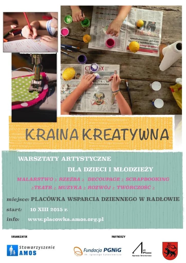 Obraz przedstawia plakat promujący warsztaty artystyczne w placówce pt. "Kraina Kreatywna".