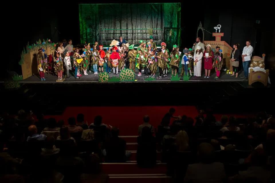 Zdjęcie przedstawia dzieci z placówki na scenie teatru w Tarnowie, natomiast na sali widnieje publiczność.