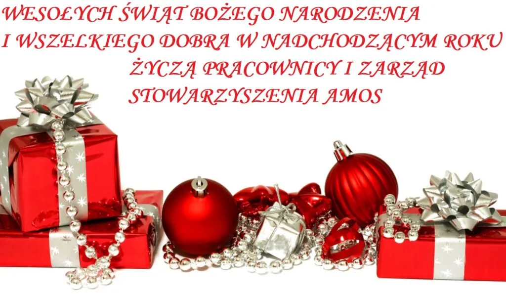 Obraz przedstawia życzenia Bożonarodzeniowe. "Wesołych świąt Bożego Narodzenia i wszelkiego dobra w nadchodzącym roku życzą pracownicy i zarząd stowarzyszenia AMOS."